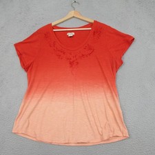 Lucky Brand Shirt Womens 1X Orange Ombre Embroidered Scoop Neck Boho Top Tee