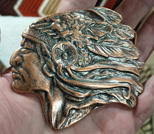 BELT BUCKLE: Indian Head Chief In Head Dress, Native American, 1970s, EX Cond