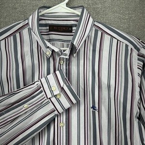 Etro Milano Dress Shirt Men Size 42 Gray Burgundy Stripes Long Sleeve Made Italy