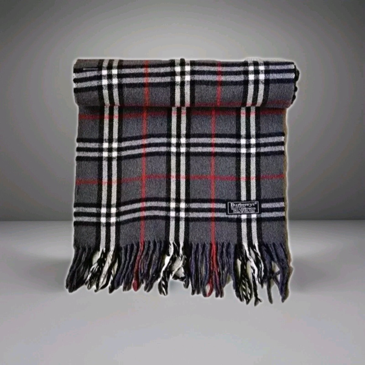 Burberry Scarf Unisex Fringe Check Gray/Red 100% Lambswool