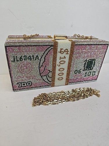 Handbag Purse New Money Rhinestone Clutch 2 Type Handles Bling Maximalist Club - Picture 2 of 16