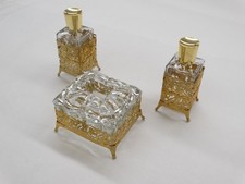 Vintage Hollywood Regency Style Ormolu Filigree Gold Gilt Vanity Set