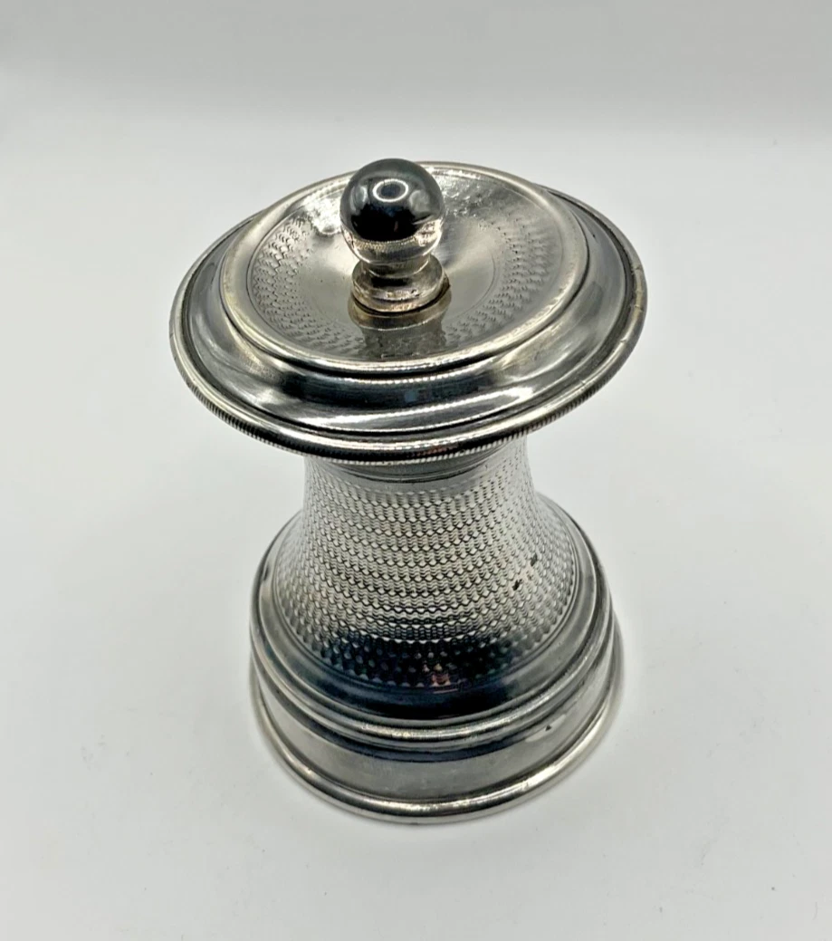 Vtg Silver-Plated Metal PEPPER MILL GRINDER 3.5" High x 2.25" Diameter