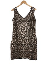 St. John Couture Sz 12 Metallic Sequin Cheetah Print Cocktail Dress Evening Silk