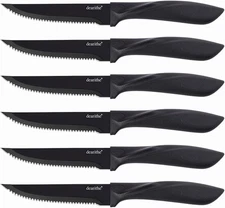 Steak Knives Set of 6, Black Serrated Stainless Steel Sharp Blade Flatware Steak