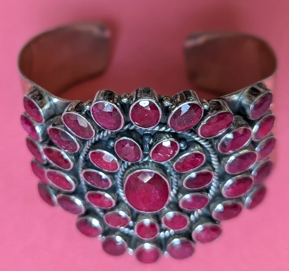 Brazalete Brazalete Plata Esterlina Rubí 87 Gramos Firmado Fadi India 925 Probado Foto 2 de 4