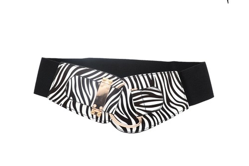 Women Gold Metal Hook Buckle Black White Zebra Print Safari Style Belt Size L XL - Picture 17 of 19