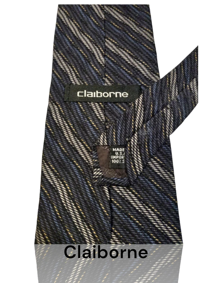 Corbata de seda Claiborne, 57" X 4", rayas negras/grises/azules. OB-4 Foto 3 de 4