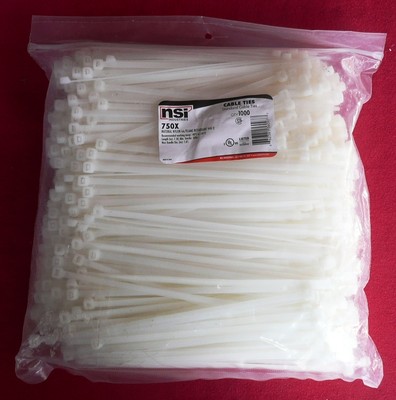 NSI Standard Cable Ties, 50lbs Tensile Strength, 7.5'' Long, Bag of 1,000 ties