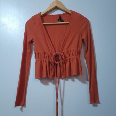 Forever 21 Orange Ribbed Knit Tie Front Long Sleeve Crop Top