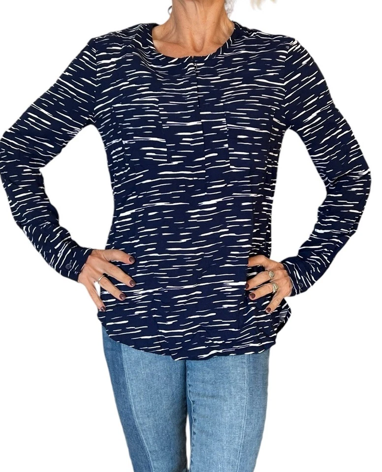 ESPLÉNDIDA BLUSA TOP MUJER 1/4 CREMALLERA RAYÓN AZUL MARINO RAYAS MANGA LARGA GRANDE Foto 4 de 4