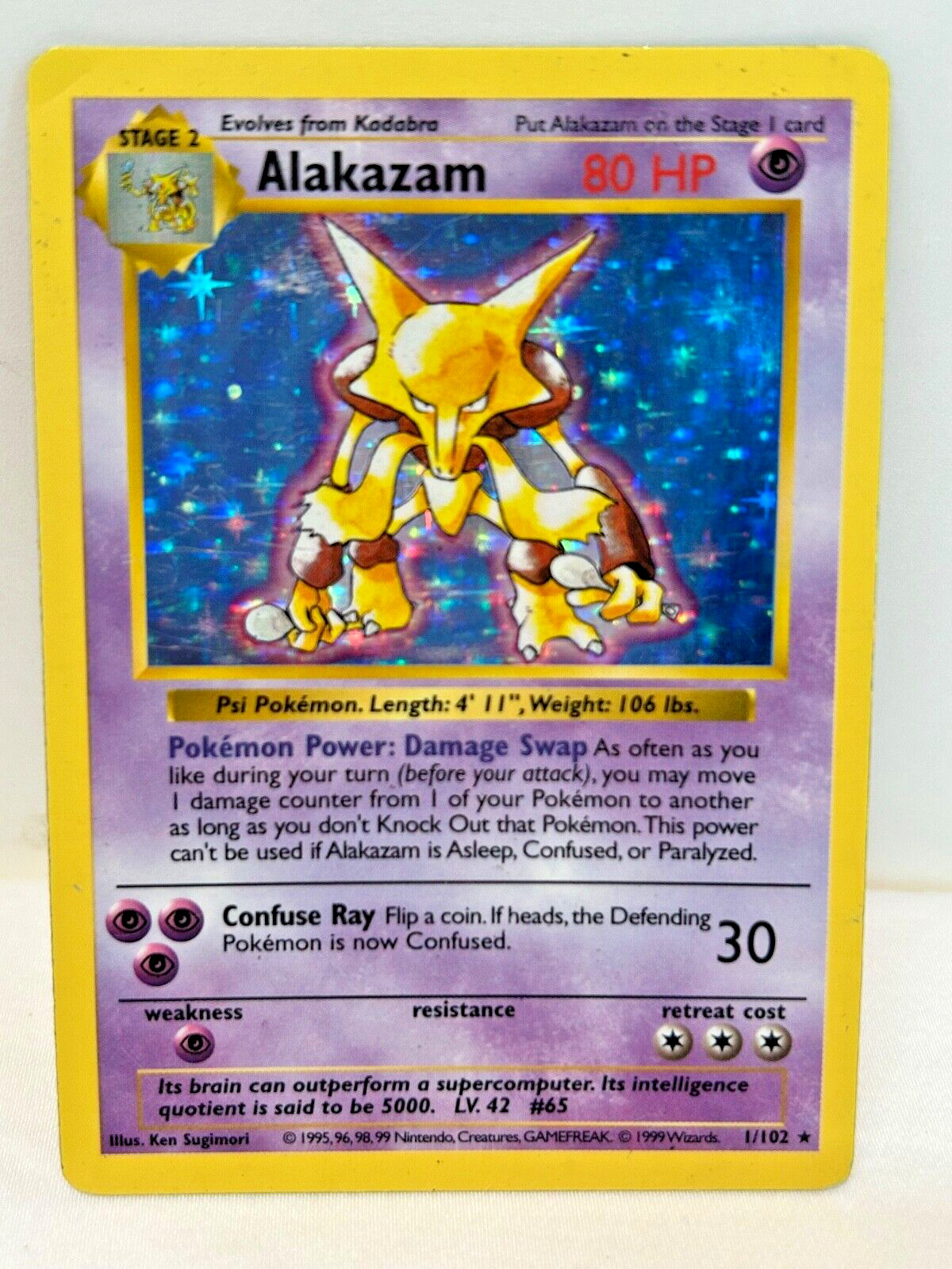 Pokemon Alakazam 1/102 Base Set Shadowless Holo WOTC 1999 Vintage LP Ungraded