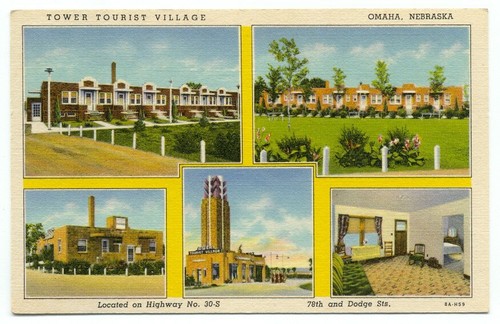 Omaha NE Tower Tourist Village Highway 30 Linen Postcard ~ Nebraska