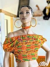 Kufior Smocked Cotton Kente African Print Crop Top-DP3227SCT