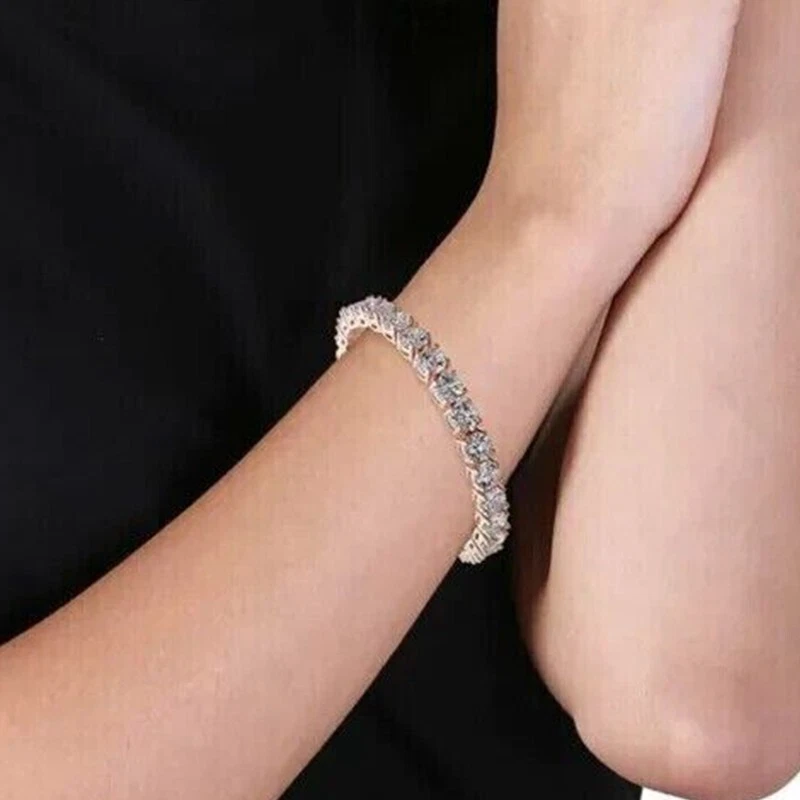 Pulseira de tênis feminina de moissanita folheada a ouro rosa 14K corte redondo 10 CTW D/VVS1 - Imagem 3 de 4