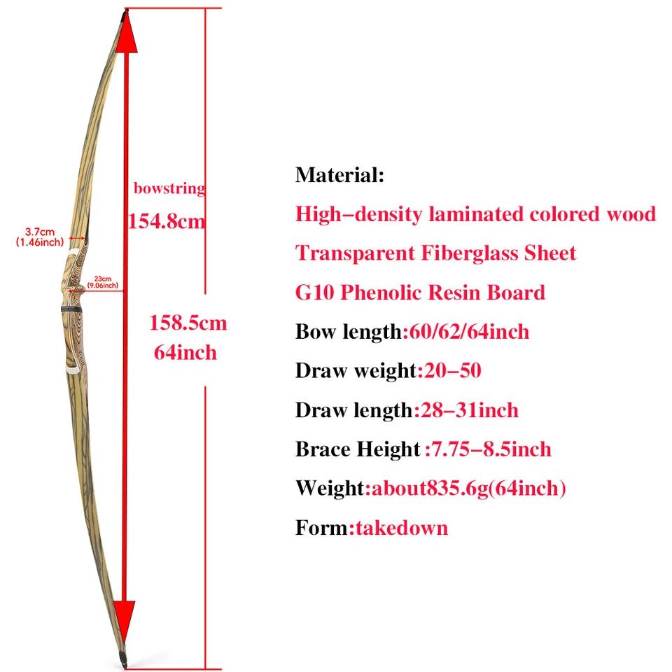 Archery Longbow Kit 60” 62" 64" Takedown Wooden 20-50lbs Traditional Bow Hunting - Image 3 of 4