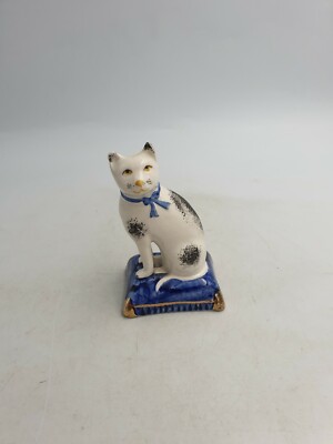 Vintage Chinesisch? ORIENTALISCHE KERAMIK SITZENDE KATZE FIGUR HANDBEMALT RISSGLASUR 