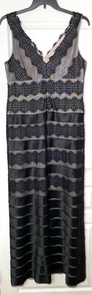 JS COLLECTIONS Black Beige Satin Overlay Mesh Lace Stripe Gown Maxi Dress 14W 1X - Image 4 of 4