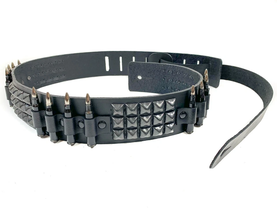 Pulseira de guitarra preta cravejada calibre .223 bala couro genuíno real capa verde  - Imagem 4 de 4