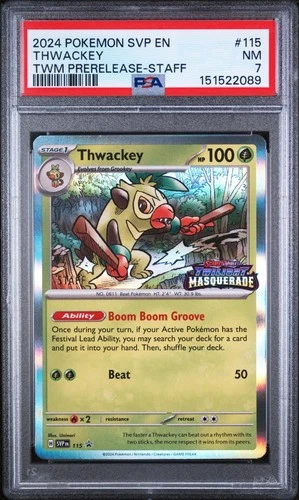 Pokemon Twilight Masquerade Prerelease Staff SVP 115 Thwackey PSA 7