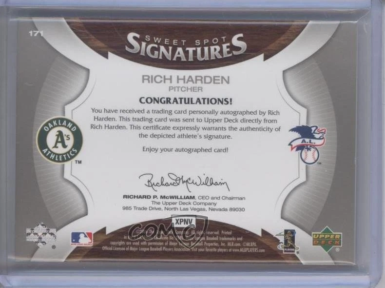 2006 Upper Deck Sweet Spot Signatures Red Stitch Blue Ink /150 Rich Harden Auto - Image 2 of 2