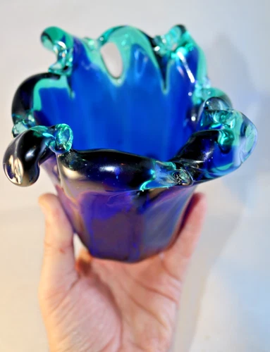 Vintage Murano Art Glass Wave White Crystal Vase Blue Green  5in Tall  6in Wide