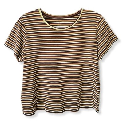 90s Y2K Brown Cream Cropped Striped Tee Shirt L Normcore Twee Goblincore Nature