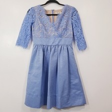 Eliza J Women size 4P Lace Fit and Flare Blue Dress with Pockets Blue V-Neck