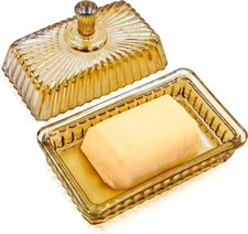 Champagne Color Glass Butter Dish with Lid or Countertop and Refrigerator,Crysta
