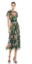 Mac Duggal 9149 Floral Midi Dress With Sheer Sleeves & Belted Waist Sz 18