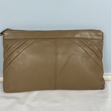 Vintage Taupe Genuine Leather Clutch Bag Purse 11 x7 Zip Lined w/ Inside Pocket