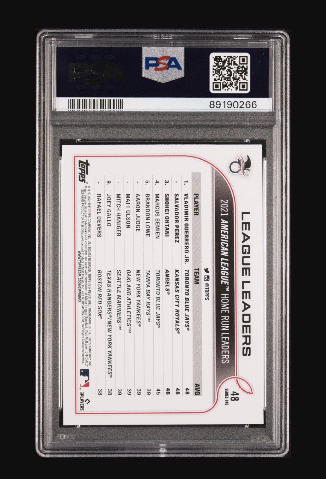 Topps 2022 League Leaders #48 Guerrero Jr Perez Ohtani PSA 10 view 3