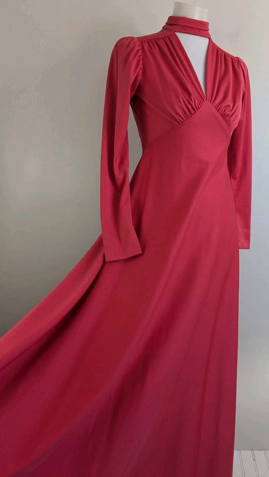 Винтажный 70-х диско душа поезд Джерси вязаный макси платье коралл красный замочная скважина шеи 4 6 США - Изображение 3 из 4