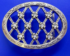 See-Trough Woven Pattern with Flower Rhinestone Accented Silver Tone Belt Buckle