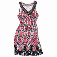 Ikat Southwestern Tribal indie V-neck Beaded Sleeveless Dress Large NYCollection
