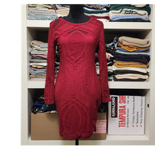 Red Solid Knit Bodycon Dress Cut-Out Zip Back Long Sleeve Round Neck L