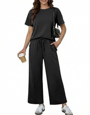 2 Piece Sets for Women Soft Short Sleeve Tracksuit Wide Leg Pants Lounge Matc...