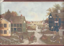 * WALLPAPER BORDER COLONIAL  AMERICANA FOLK ART NEW ARRIVE HORSE BUGGY CHURCH
