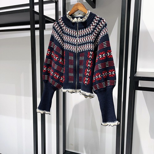 Sezane Women's Stand-up Collar Double Zip Lantern Sleeve Sweater Cardigan - Picture 15 of 18