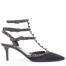 VALENTINO Rockstud Noir black horsehair silver studs pointy cage sandals EU37.5