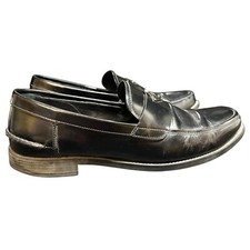 PRADA Men's Enameled Logo Leather Penny Loafers Black Leather Rubber Sole Size 9