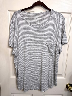 NWT American Eagle AEO Size XXL Gray/Ivory Stripe Soft & Sexy Pocket Tee T-Shirt