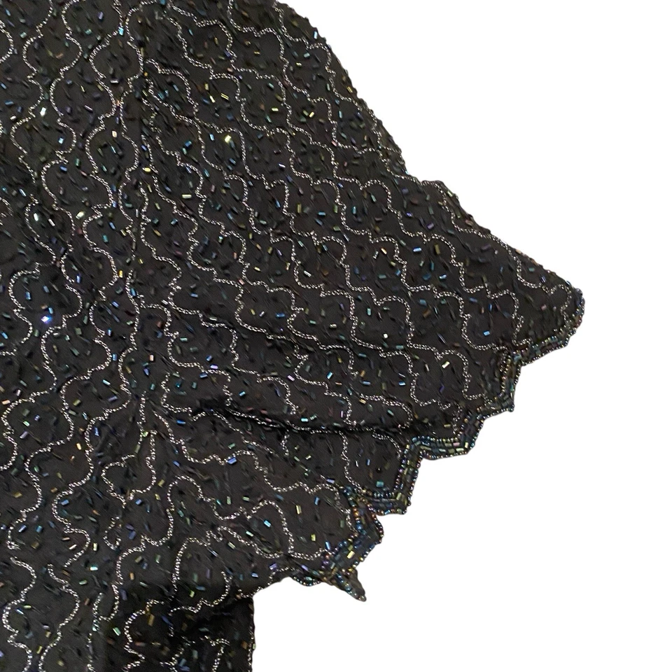 Papell Boutique Evening Silk Beaded Top Blouse-Formal-Black-Short Sleeve-Size 1X - Image 4 of 4