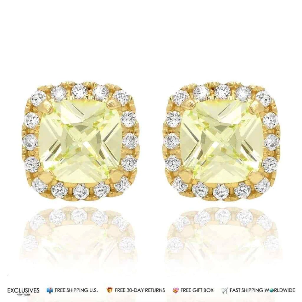 Aretes con halo cuadrado de peridoto verde de 1,85 quilates de oro amarillo de 14 quilates Foto 3 de 4