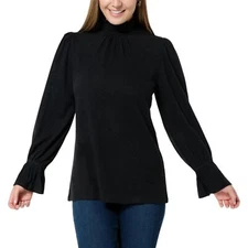 DG2 by Diane Gilman Brushed Sweater Knit Smocked Mock-Neck Top Black