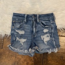 American Eagle Womens Shorts Jean Denim Size 2 Hi rise Shortie Distressed