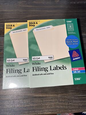 Avery White Filing Labels #5366 1/3 Cut Laser Ink Jet 94 Sheets