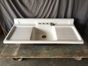 Details About Vtg Cast Iron Porcelain Double Drainboard Single Basin Kitchen Sink 599 17e