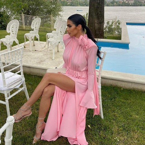 Abito da sera donna moda Halter fiori profondo V manica a campana cocktail ballo - Foto 4 di 8