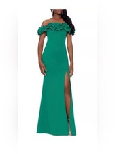 Xscape Emerald One-Shoulder Ruffle Gown with High Slit